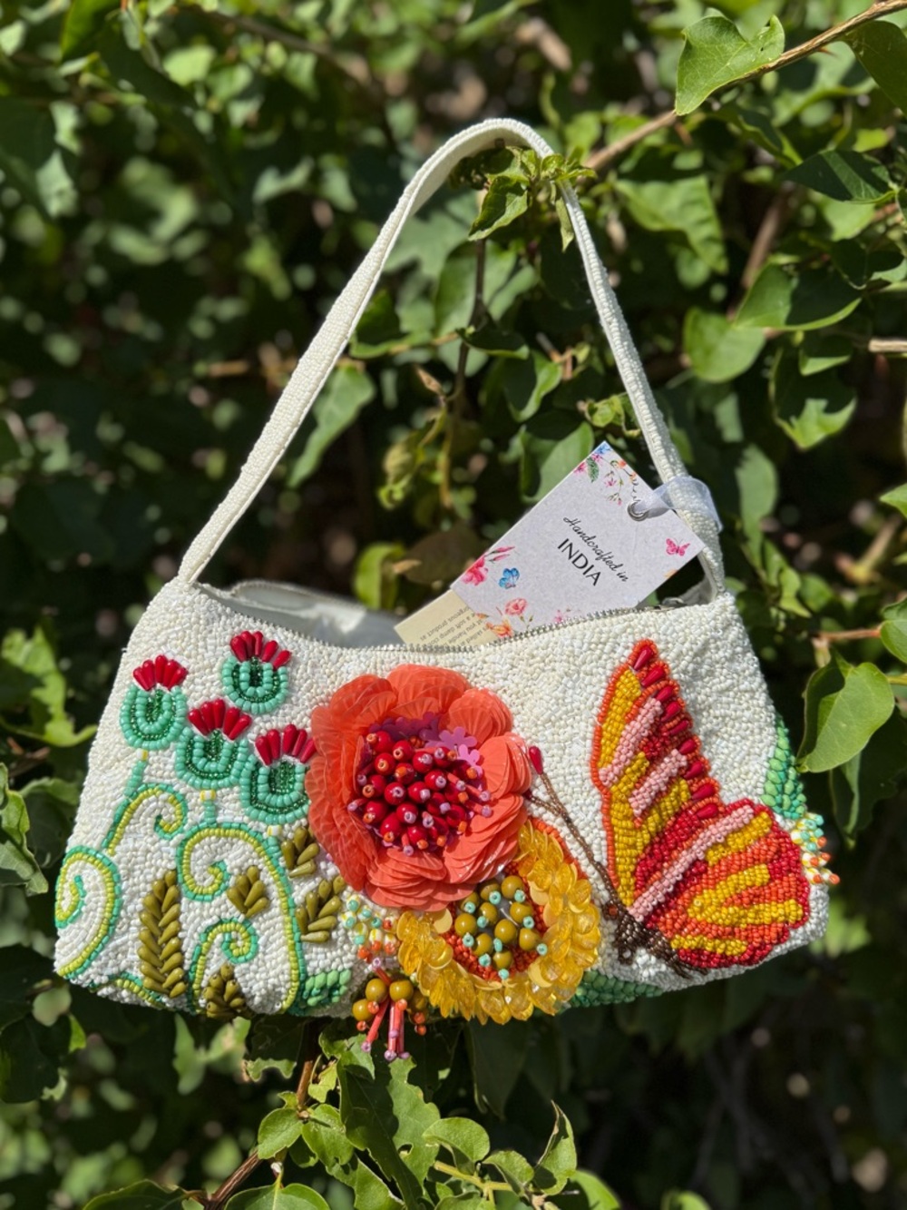 NWT Made in India Floral Flower Butterfly White Red Yellow Beaded Shoulder Bag